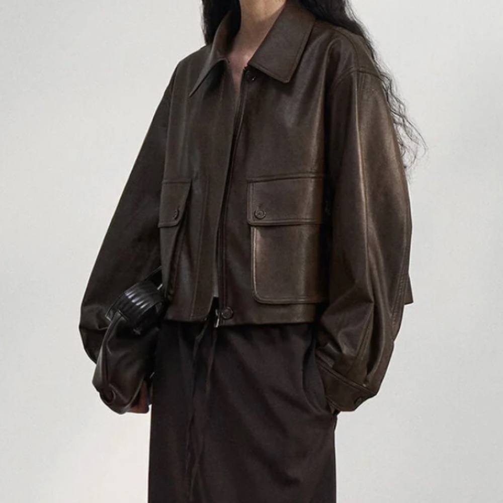 Pixie Market Brown Faux Leather Crop Bomber Patch Pocket Jacket NWT One Size - Picture 2 of 12